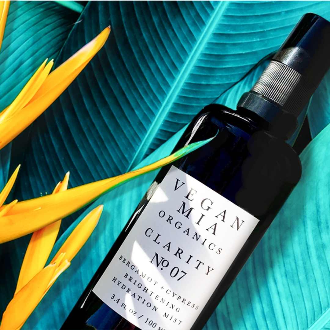 Vegan Mia Organics Clarity Bergamot and Cypress Hydration Mist for moisture, as a makeup primer, natural setting spray for makeup