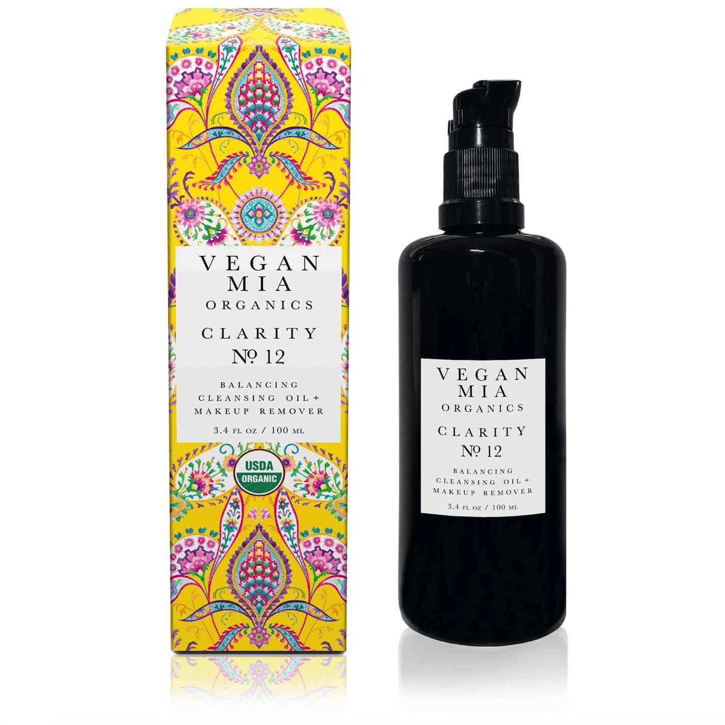 Vegan Mia Organics Clarity Balancing Cleansing Oil and Makeup Remover Bottle and Box on White Background